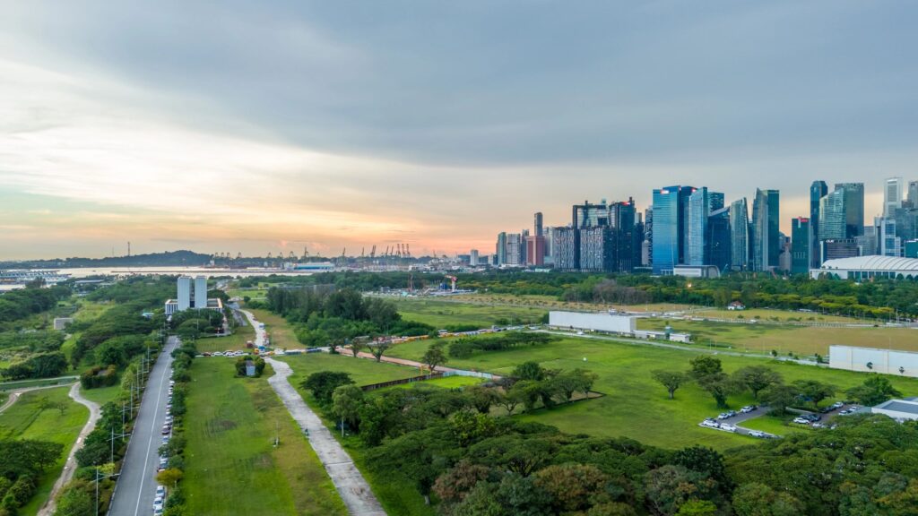 Singapore aerial view at Marina South with finance and commercial buildings at background